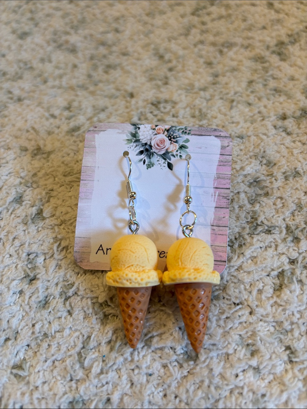 Yellow Vanilla Ice Cream Cone Pierced Earrings Handcrafted NWT 2.25”